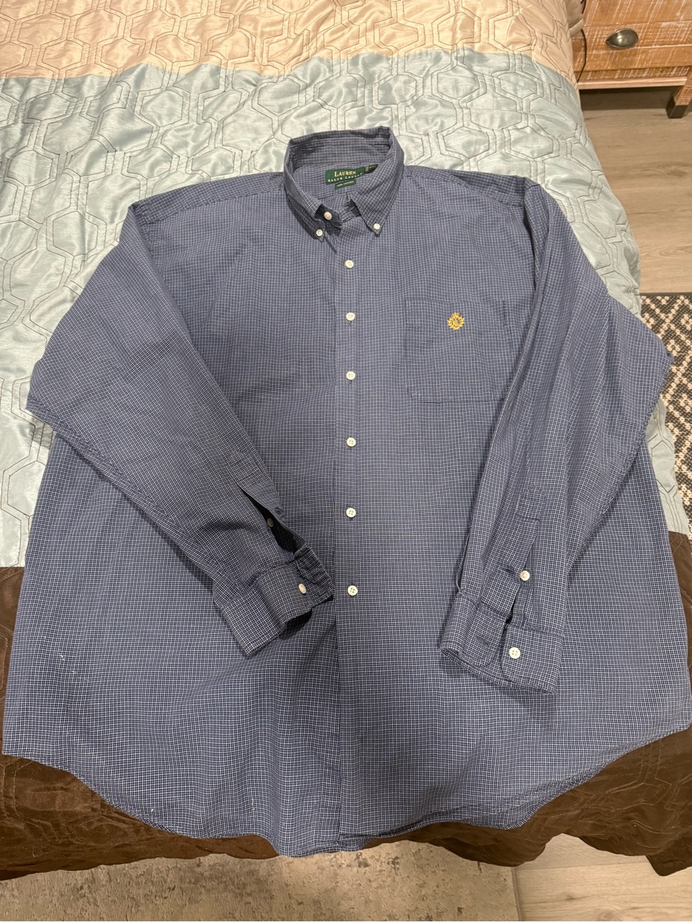 RALPH LAUREN Men's Blue Micro-Check Button-Down Shirt RL Logo Long Sleeve XXL